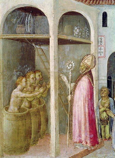 St. Nicholas Resuscitates the Three Children Thrown into Brine Tubs, detail from a predella panel of à Gentile da Fabriano
