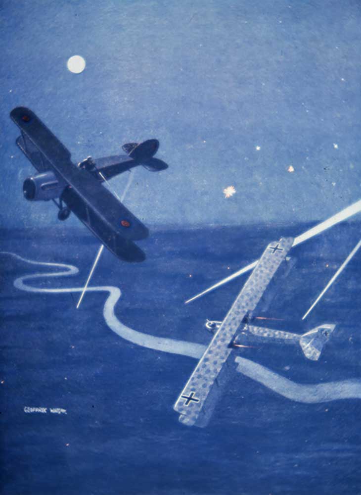 Bristol fighter attacks German Gotha bomber over London by night à Geoffrey Watson