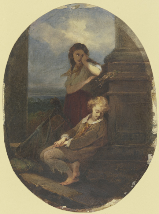 Zwei sitzende Kinder mit Harfe à Georg Cornicelius