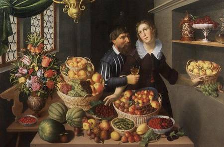 Man and Woman Before a Table Laid with Fruits and Vegetables à Georg Flegel