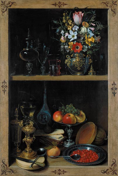 Étagère avec le vase de fleurs de fleurs et des fruits à Georg Flegel
