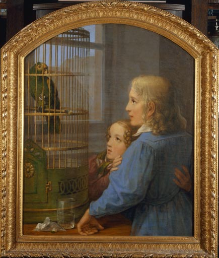 Zwei Kinder vor einem Papageienbauer à Georg Friedrich Kersting