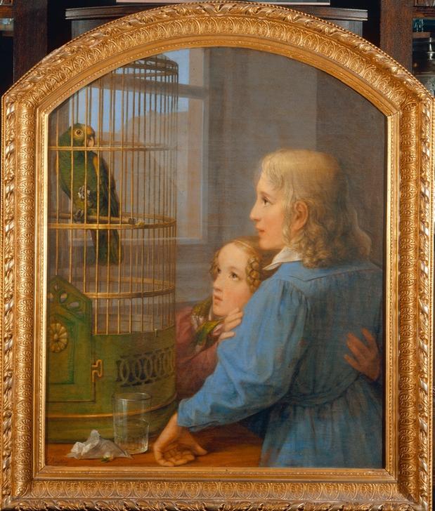 Two Children before a Parrot Cage à Georg Friedrich Kersting