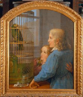 Two Children before a Parrot Cage