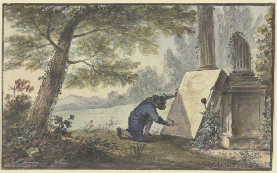 Landschaftsmaler beim Malen unter einem Baum bei zwei Säulenfragmenten à Georg Karl Urlaub