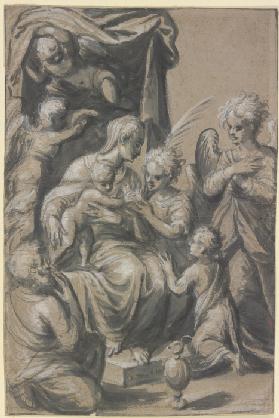 Die Heilige Familie mit dem Johannesknaben unter einem Baldachin, von vier Engeln umgeben, ein Engel