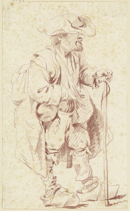 Alter Mann in zerlumpter Tracht und mit breitem Hut, im Profil nach rechts à Georg Melchior Kraus