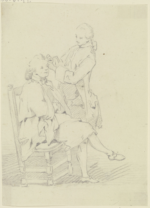 Auf einem Stuhl sitzender junger Mann, der von einem stehenden Mann frisiert wird à Georg Melchior Kraus