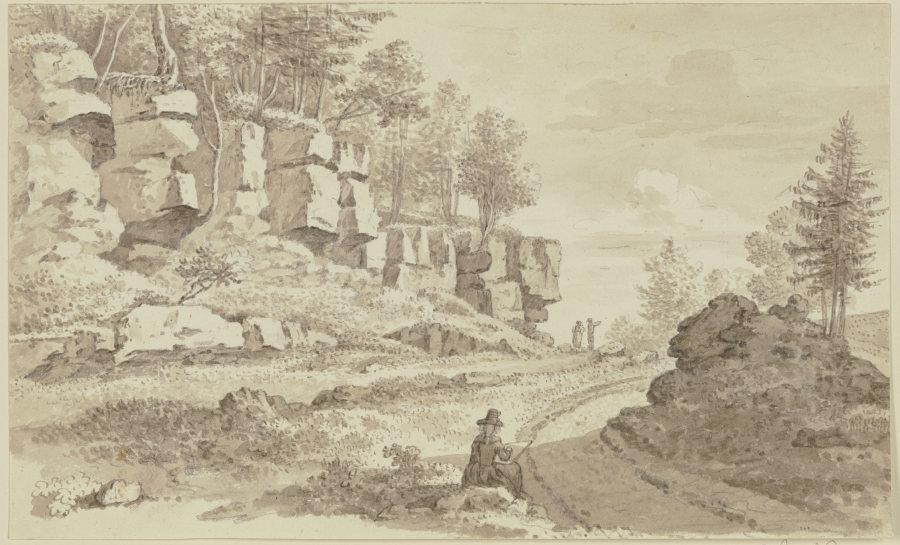 Baumbestandene Felspartie links neben einem Weg, im Vordergrund in Rückenansicht eine Zeichnerin à Georg Melchior Kraus
