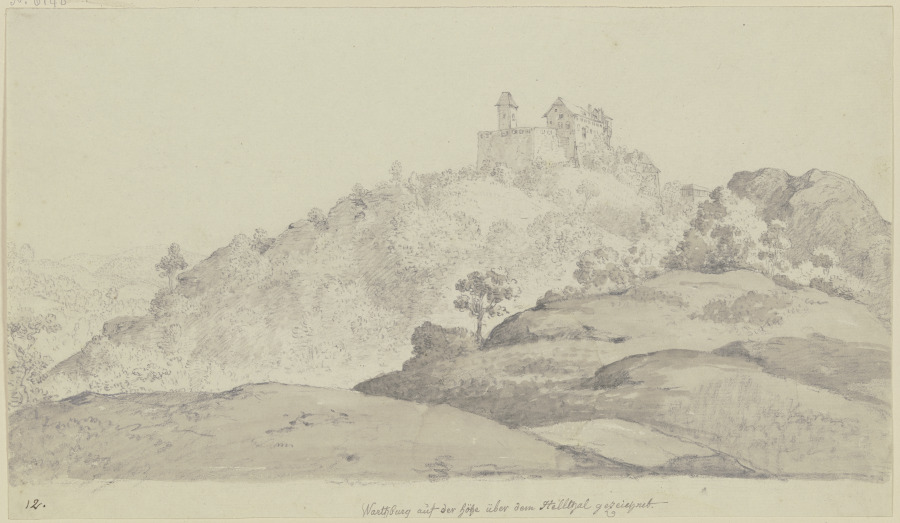 Blick auf die Wartburg von einer hügeligen Gegend aus, über der sich der Berg mit der Burg erhebt à Georg Melchior Kraus