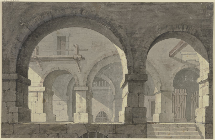 Blick in ein Gebäude mit mächtigen Bogen und vergitterten Fenstern à Georg Melchior Kraus
