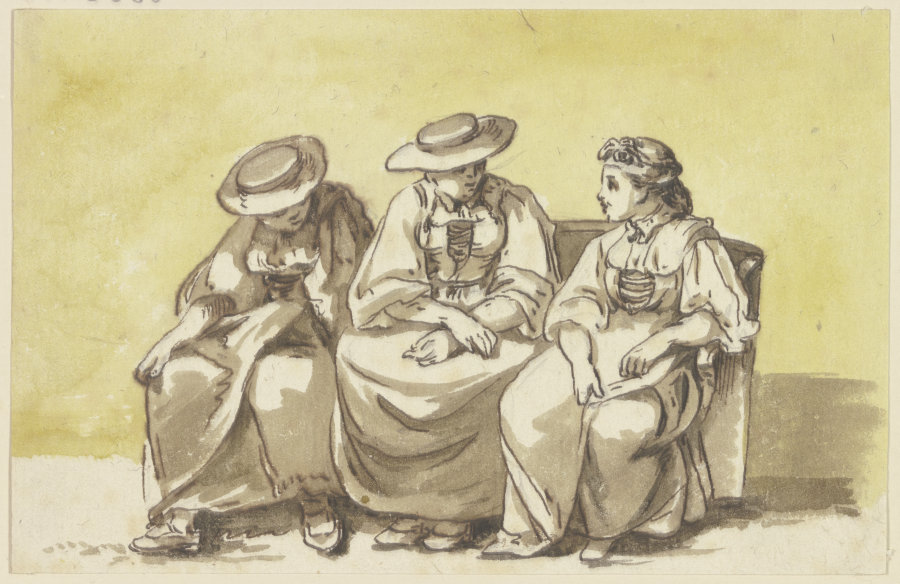 Drei auf einem Sofa sitzende Frauen in Unterhaltung à Georg Melchior Kraus