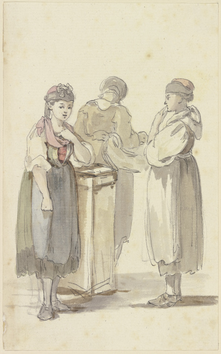 Drei stehende Bäuerinnen, die linke von vorne, die mittlere vom Rücken, die rechte im Profil nach li à Georg Melchior Kraus