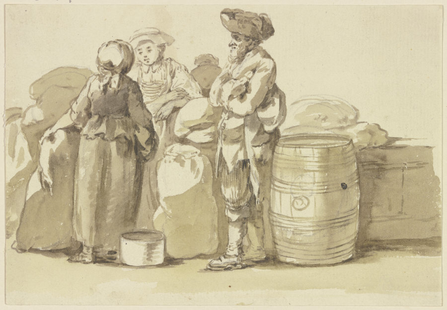 Ein alter Mann und zwei Frauen bei Fässern und Säcken stehend in einer Unterhaltung à Georg Melchior Kraus