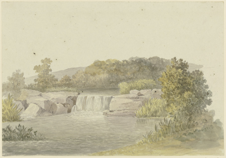Ein Fluß mit einem niedrigen Wasserfall, im Hintergrund waldiges Ufer à Georg Melchior Kraus