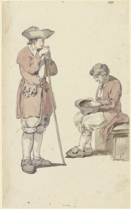 Ein junger und ein alter Schweizer Bauer, der junge stehend mit einem Stab, der alte sitzend à Georg Melchior Kraus