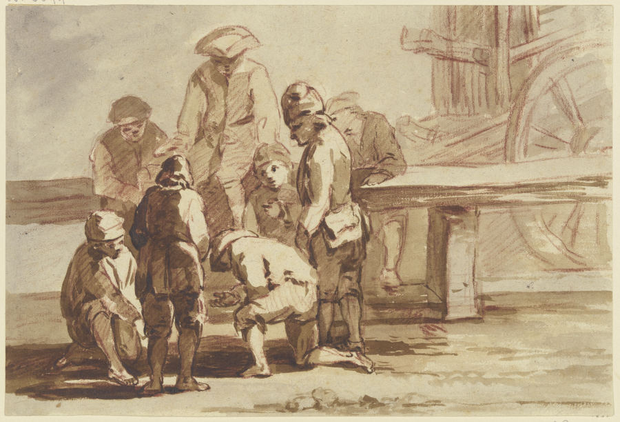 Gruppe von acht Knaben beim Spiel, stehend, kniend und auf einer Balustrade sitzend à Georg Melchior Kraus