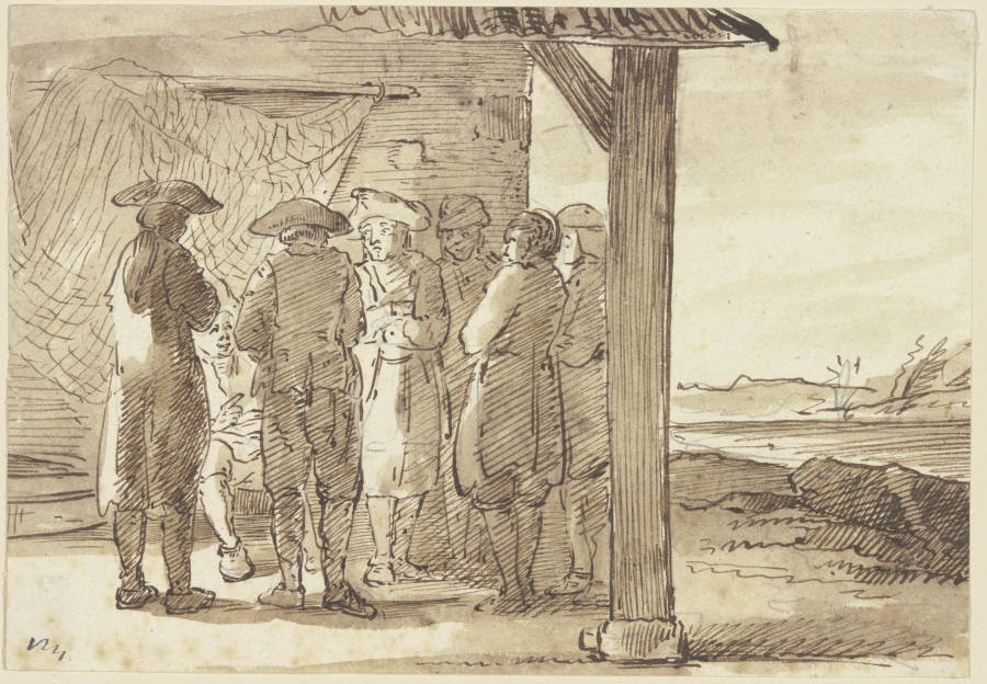 Gruppe von sieben Männern im überdachten Vorbau eines Hauses à Georg Melchior Kraus