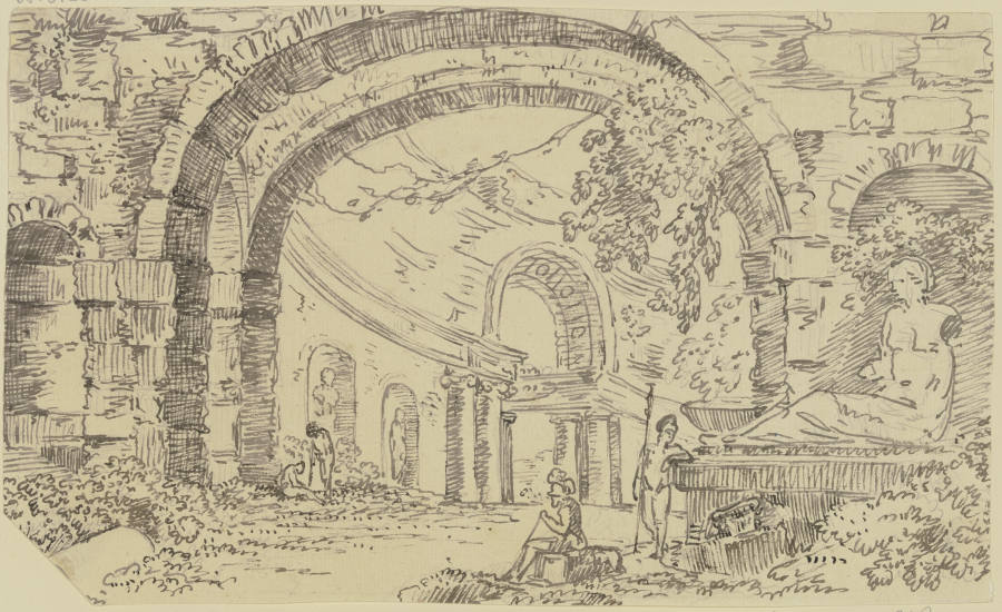 Römische Ruinen mit Bogen und Nischen, im Vordergrund zwei Krieger, rechts ein Monument mit einer si à Georg Melchior Kraus