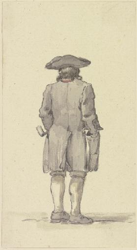 Rückenansicht eines stehenden Bauern in Kniehose,
weitem Mantel und Hut