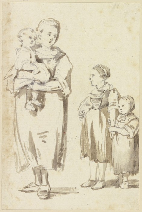 Stehende junge Frau mit einem Kind auf dem Arm, rechts neben ihr zwei weitere Kinder à Georg Melchior Kraus