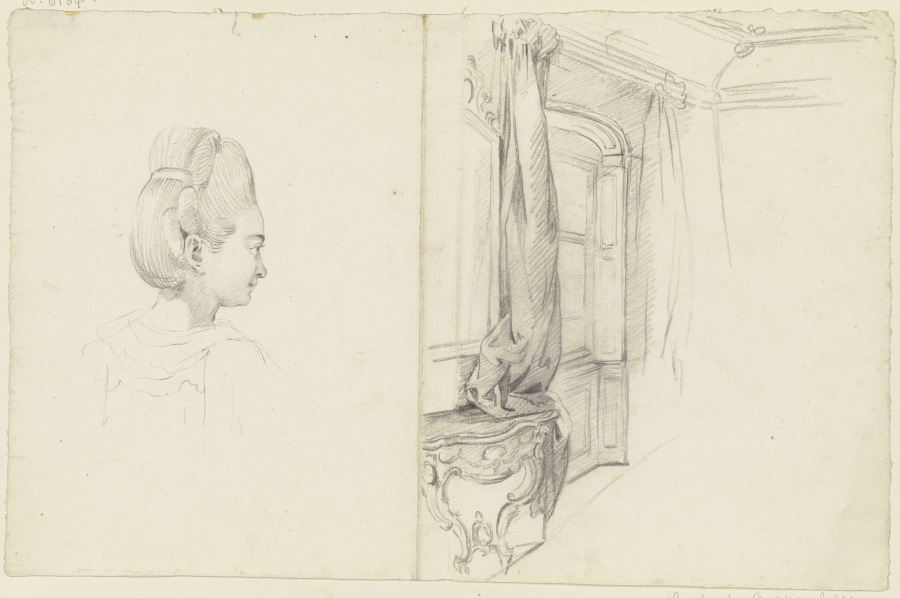 Studienblatt: Weiblicher Kopf mit Hochsteckfrisur, Interieur eines Rokoko-Zimmers à Georg Melchior Kraus