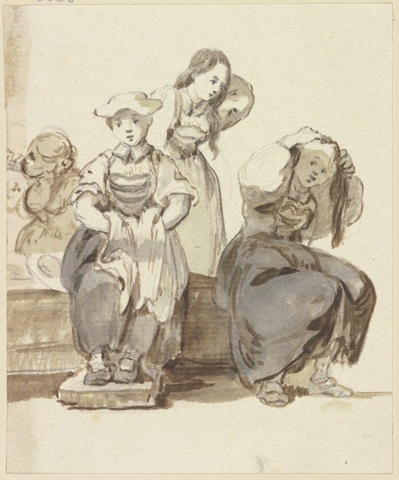 Vier junge Mädchen bei einem Brunnen, zwei von ihnen ordnen sich die Haare à Georg Melchior Kraus
