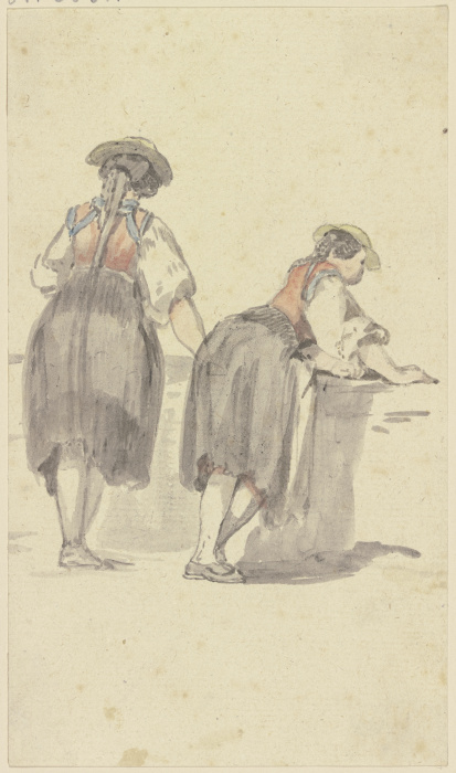 Zwei Bäuerinnen vor einer niedrigen Mauer, die linke von hinten gesehen, die rechte halb von der Sei à Georg Melchior Kraus