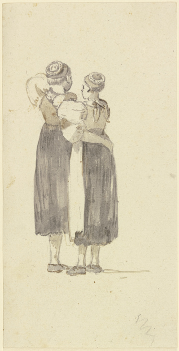Zwei einander umschlingende Bauernmädchen in Rückenansicht à Georg Melchior Kraus