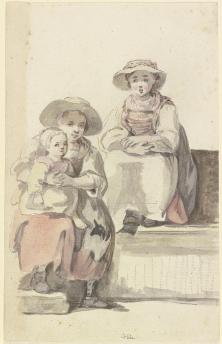 Zwei junge Bäuerinnen in Basel, die eine mit einem Kind auf dem Schoß à Georg Melchior Kraus