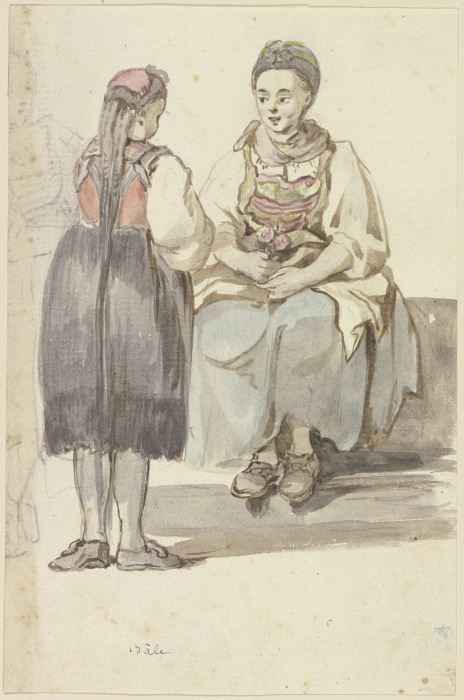 Zwei Schweizer Bäuerinnen, die linke stehend, vom Rücken gesehen, die rechte sitzend, von vorne à Georg Melchior Kraus