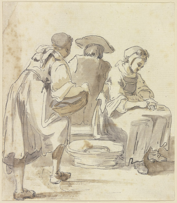 Zwei Wäscherinnen und ein vom Rücken gesehener sitzender Mann à Georg Melchior Kraus