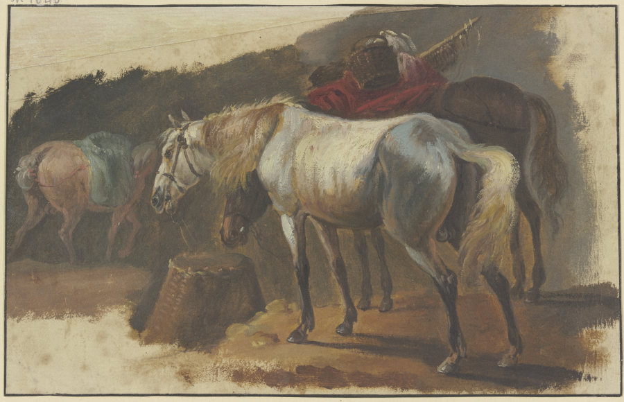 Ein Schimmel und ein bepackter Brauner an einem Korb stehend, im Hintergrund ein drittes Pferd mit b à Georg Philipp Rugendas l'Ancien