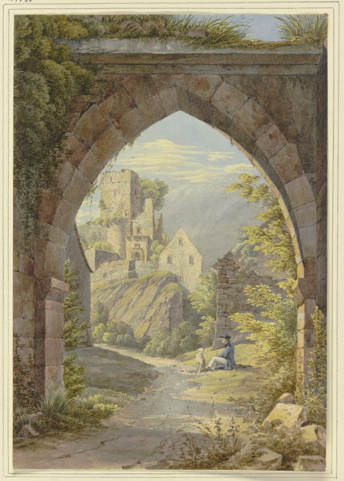 Gotischer Bogen mit Durchblick auf eine Burg à Georg von Krieg