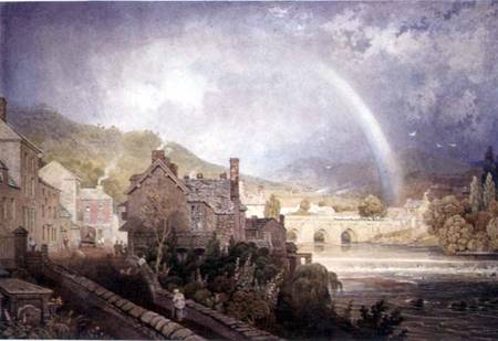 Village and Bridge of Llangollen, North Wales, with Rainbow Effect à George Barret