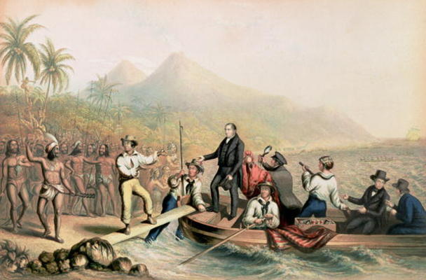 The Return of the Rev. John Williams at Tanna in the South Seas, the day before he was massacred (pr à George Baxter