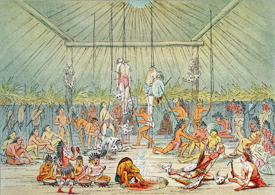 Mandan ceremony (colour litho) à George Catlin