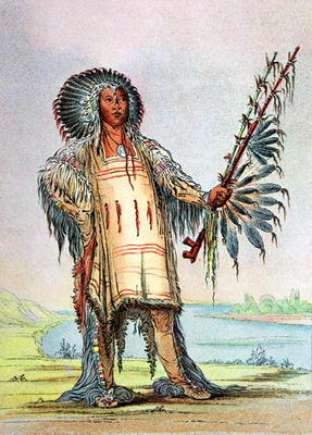 Mandan Indian Ha-Na-Tah-Muah, Wolf chief (colour litho) à George Catlin