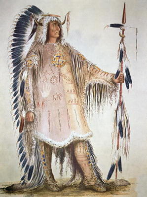 Mato-Tope, second chief of the Mandan people in 1833 (colour litho) à George Catlin