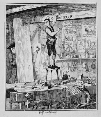 Jack carves his name on a beam in the shop of his former employer, illustration from 'Jack Sheppard: à George Cruikshank