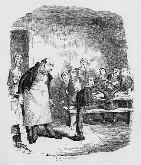 Oliver asking for more, from ''The Adventures of Oliver Twist'' Charles Dickens (1812-70) 1838, publ à George Cruikshank
