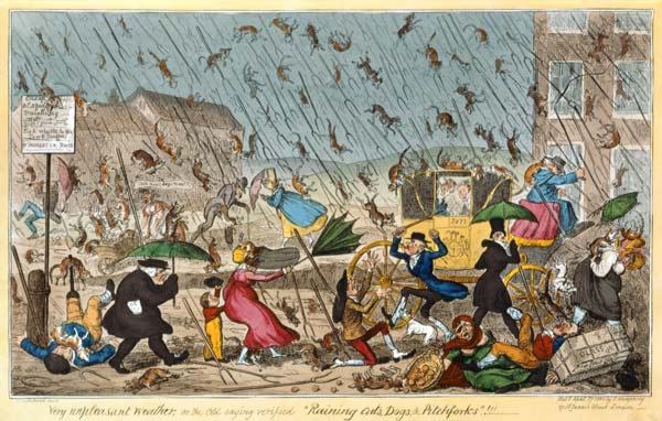 Very Unpleasant Weather, or the Old Saying verified Raining Cats, Dogs and Pitchforks! , pub. G. Hum à George Cruikshank