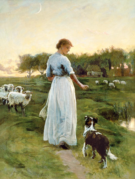 A Shepherdess with her Dog and Flock in a Moonlit Meadow à George Faulkner Wetherbee