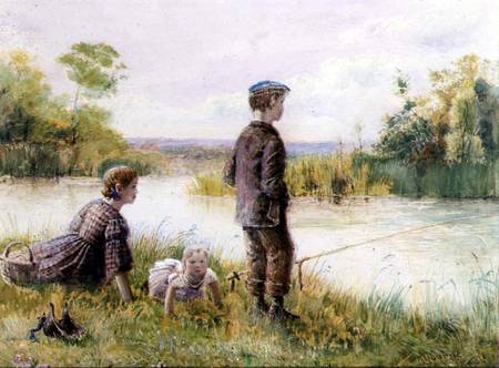 Children fishing by a stream à George Goodwin Kilburne