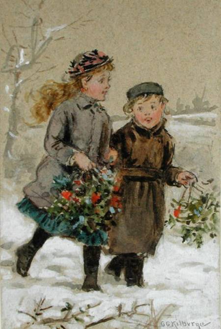 Children Playing in the Snow - Collecting Holly (w/c heightened with white on paper) à George Goodwin Kilburne