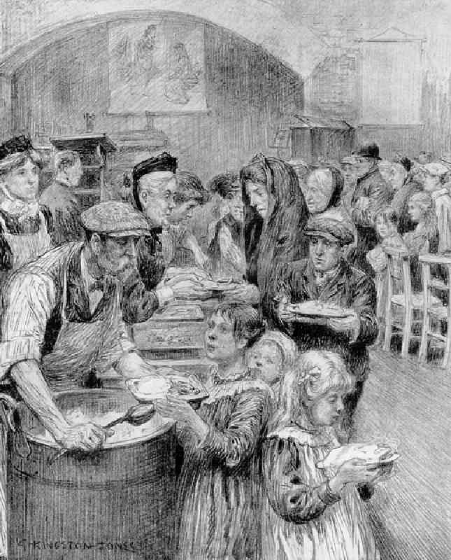 Free Meals for Londons Poorest Citizens: The Scene at a Daily Graphic Soup Kitchen, 1910 (pencil on  à George Kingston-Jones