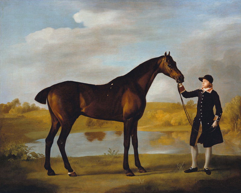 The Duke of Marlborough''s (?) Bay Hunter, with a Groom in Livery in a Lake Landscape à George Stubbs