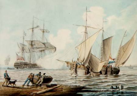 Dutch Pinks and a British Man-o'-War off a Coastline à George Webster