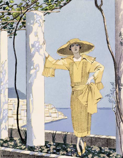 Amalfi, illustration of a woman in a yellow dress by Worth, 1922 (pochoir print) à Georges Barbier