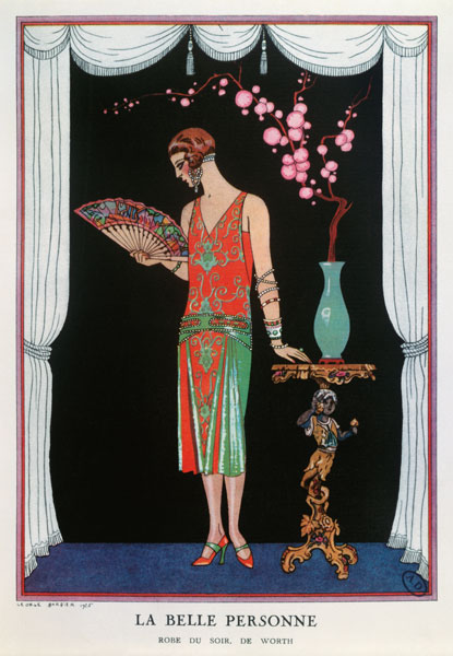 Worth evening dress, fashion plate from Gazette du Bon Ton, 1925 (litho) à Georges Barbier